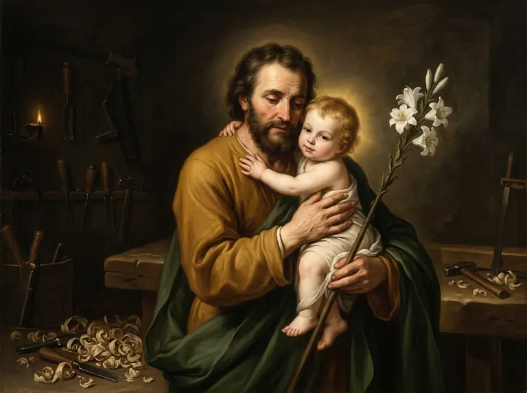 San José sostiene al Niño Jesús en su taller de carpintería