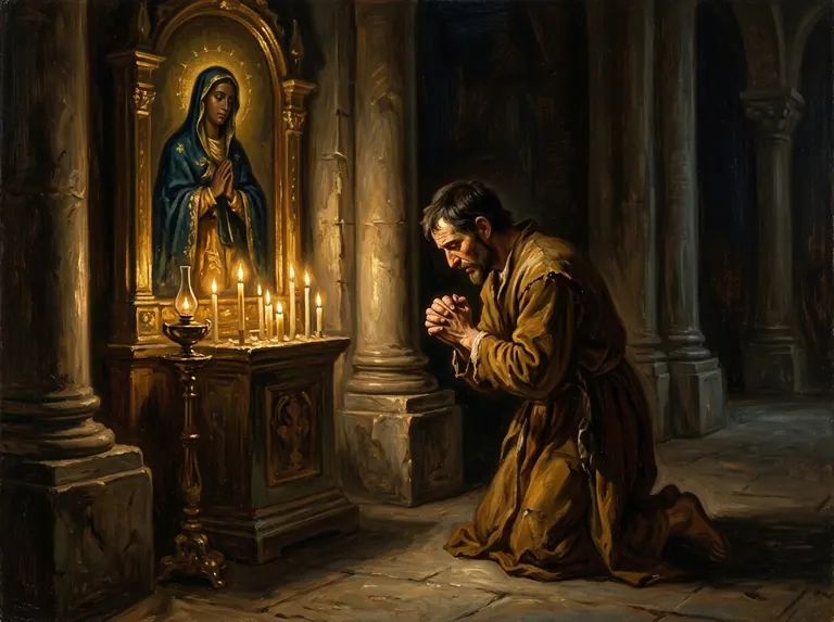 Un hombre reza de rodillas ante una imagen de la Virgen alumbrada por velas