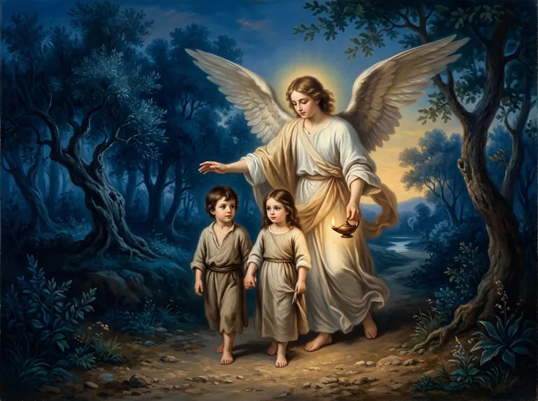 Un ángel custodio acompaña a dos niños por un sendero al anochecer