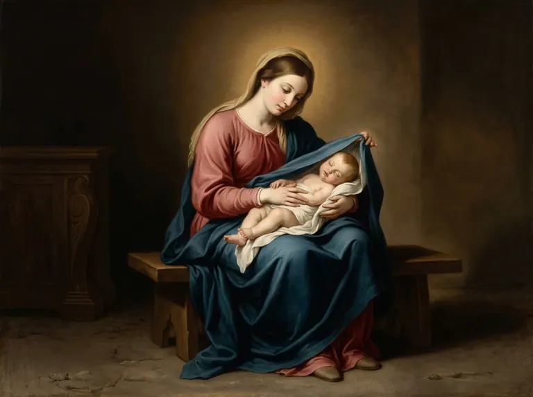 La Virgen María cubre al Niño dormido con un pliegue de su manto