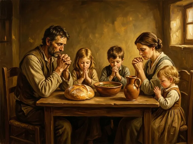 Una familia humilde bendice la comida antes de empezar