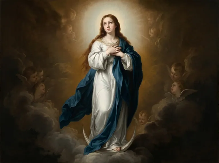 La Inmaculada Concepción: la Virgen María sobre la luna entre nubes luminosas