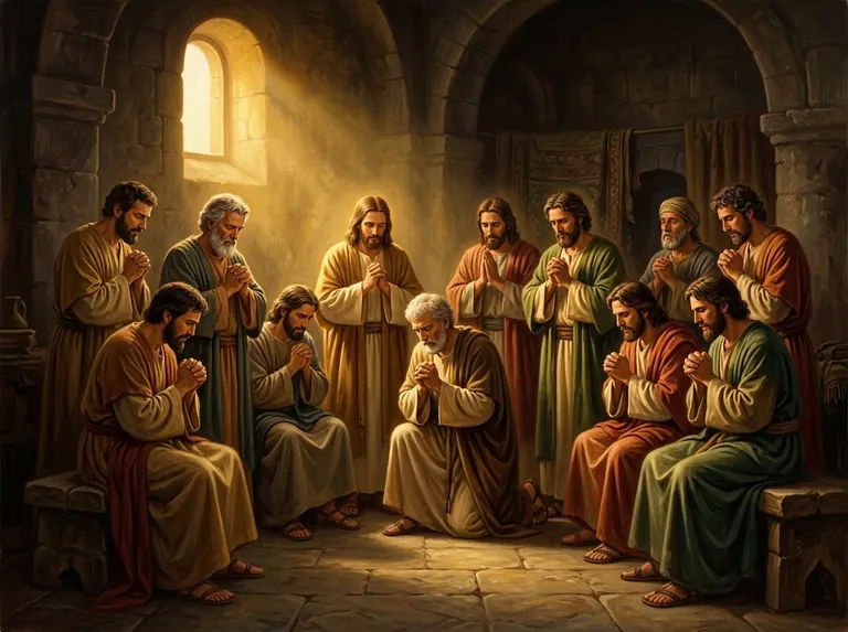 Los apóstoles reunidos en oración en el cenáculo