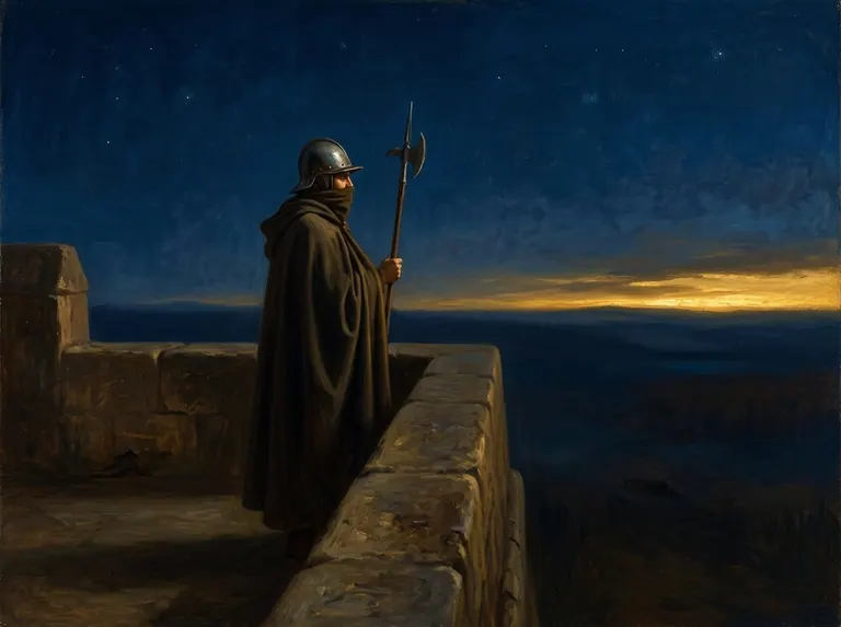 Un centinela vela en la muralla mientras amanece