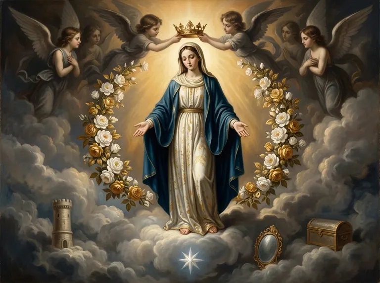 La Virgen María coronada, rodeada de rosas y de los símbolos de sus títulos