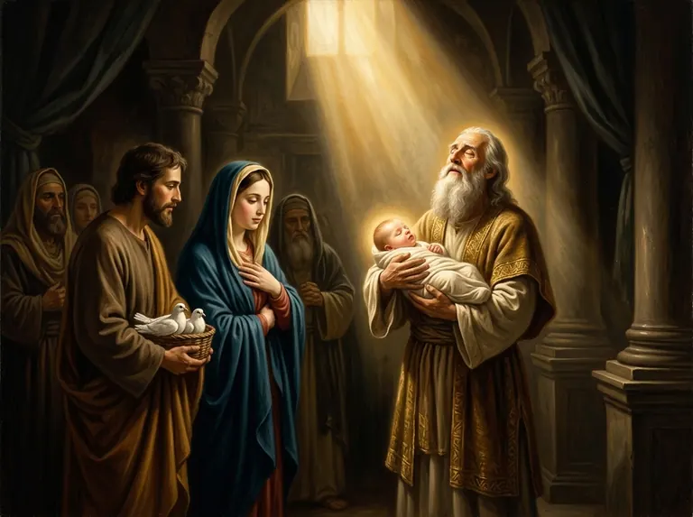 El anciano Simeón sostiene al Niño Jesús en el templo