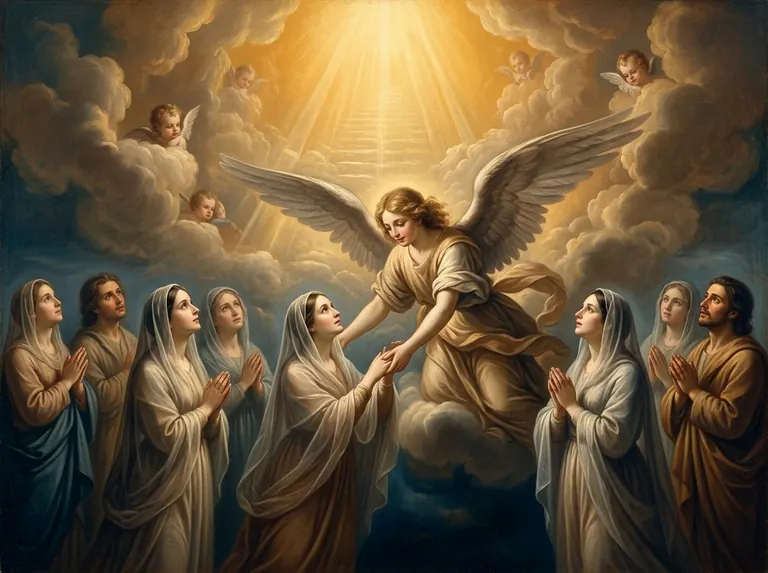 Las almas suben hacia la luz ayudadas por un ángel