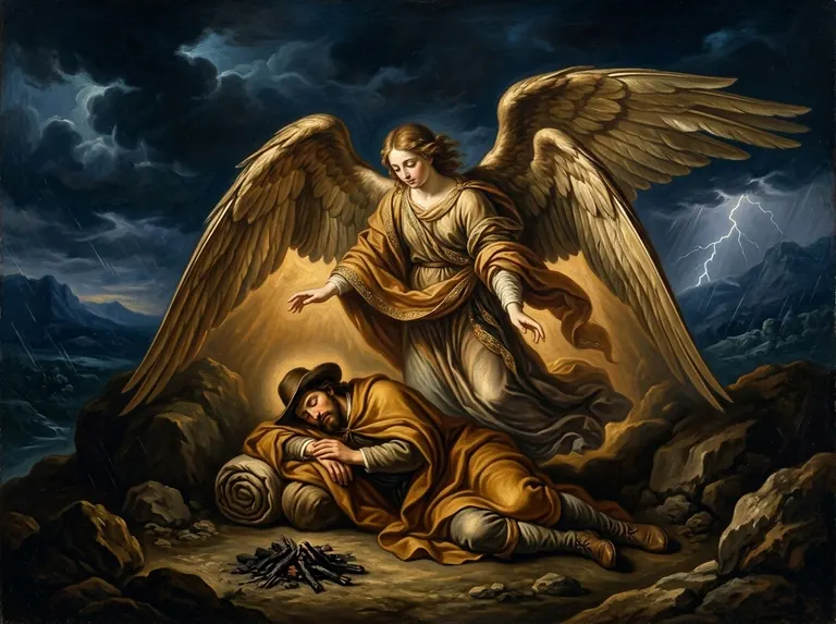 Un ángel cubre con sus alas a un viajero dormido en la noche