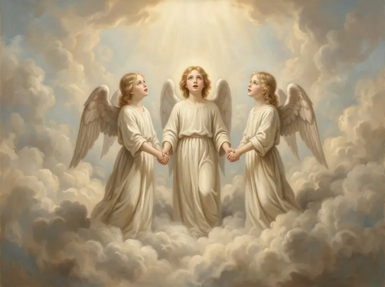 Tres ángeles cantan juntos ante la luz del cielo