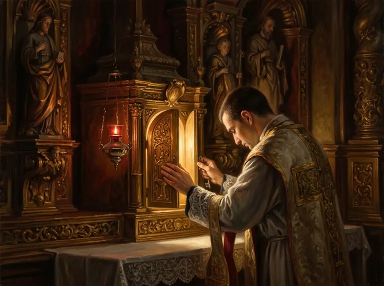 Un sacerdote cierra el sagrario junto a la lámpara encendida