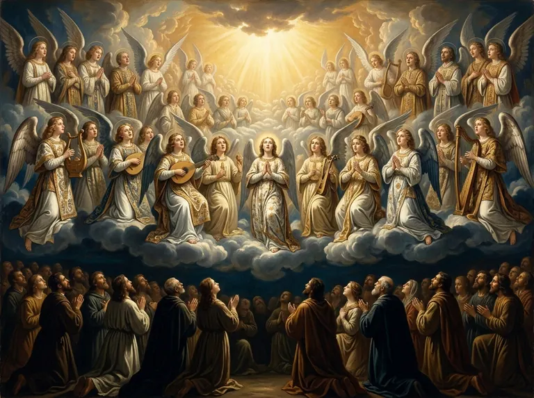 Coro de ángeles y santos cantando ante la luz del cielo