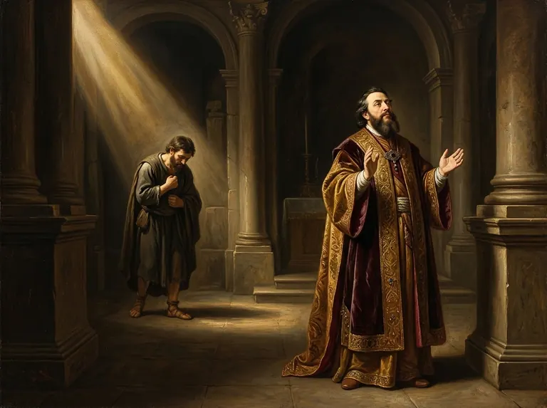 El publicano ora al fondo del templo sin atreverse a alzar los ojos